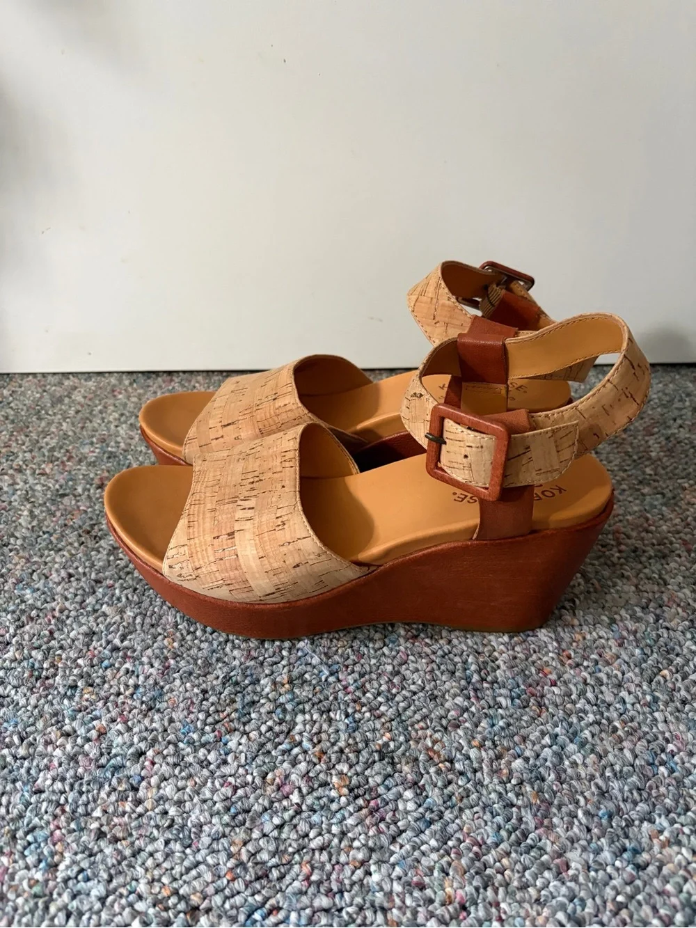 Kork-Ease Cork & Cognac Leather Platform Wedge Sandals